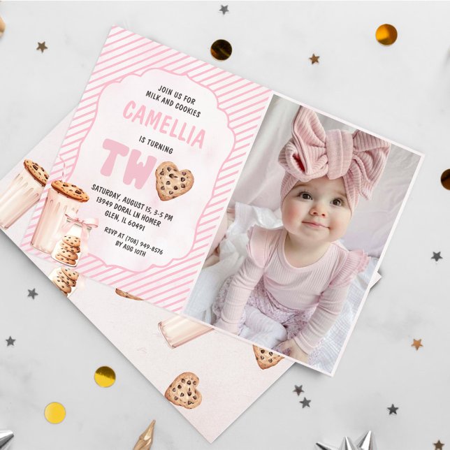 Milk and Cookies Pink Second Birthday Party Photo Invitation (Creator Uploaded)