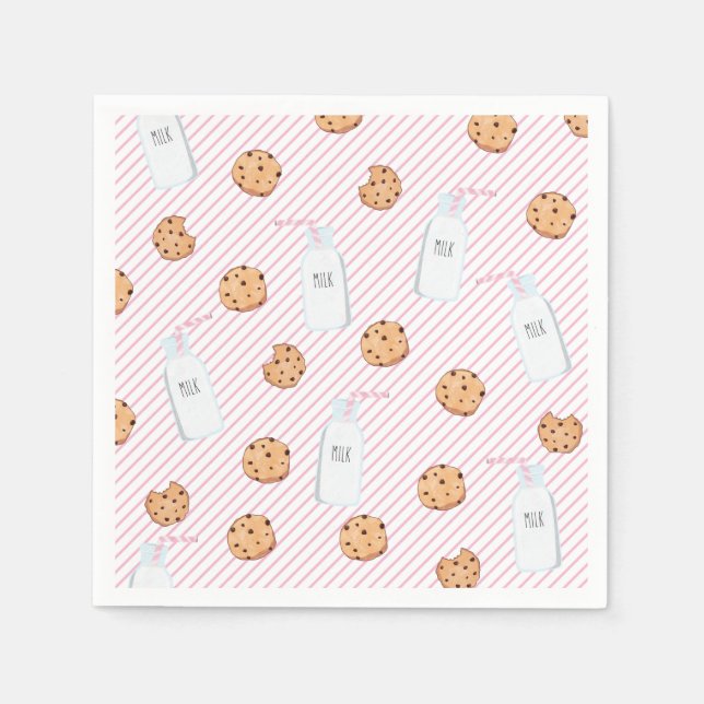 Milk and Cookies Pink stripes Birthday Party Napkin (Front)