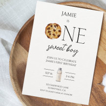 Milk and Cookies Sweet One Boy Birthday Invitation