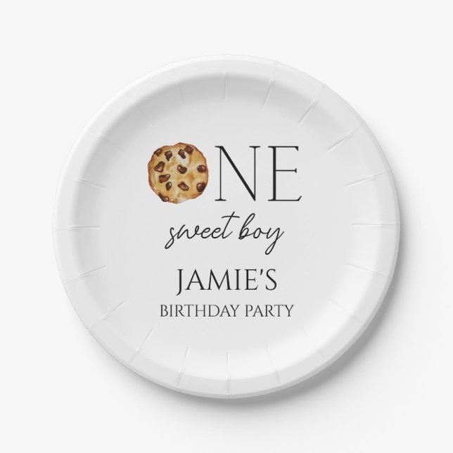 Milk and Cookies Sweet One Boy Birthday Paper Plate (Front)