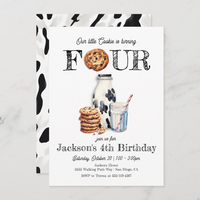 Milk and Cookies Turning four Birthday Party Invitation (Front/Back)