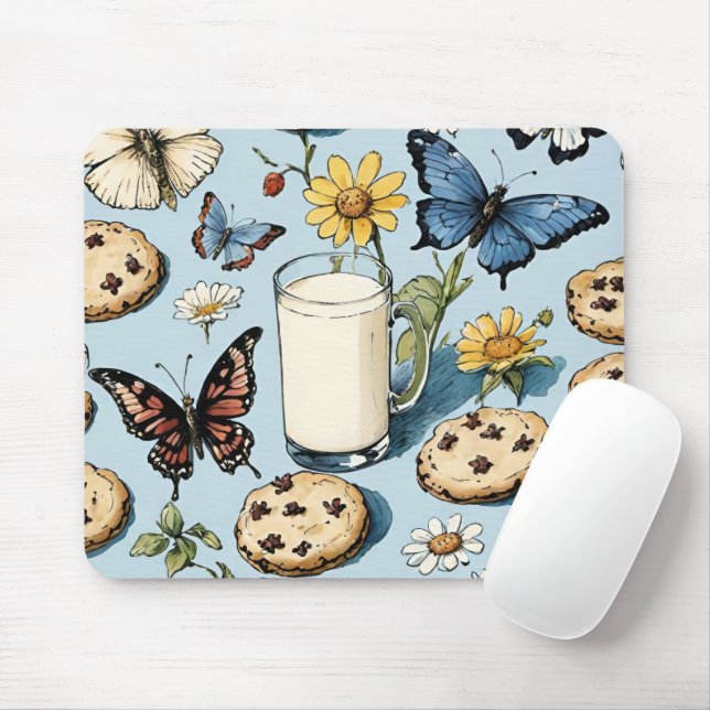 Milk and Cookies with Flowers and Butterflies Blue Mouse Mat (With Mouse)