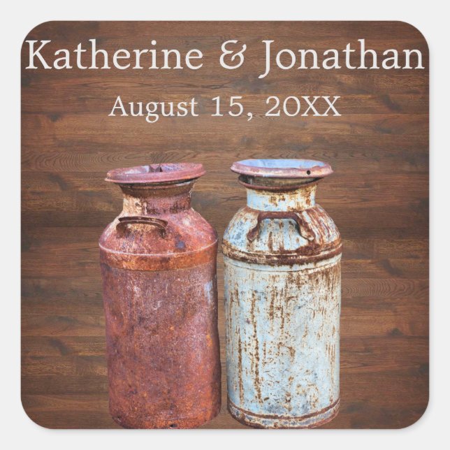 Milk Cans Country Wedding Rustic Old Farm Budget Square Sticker (Front)