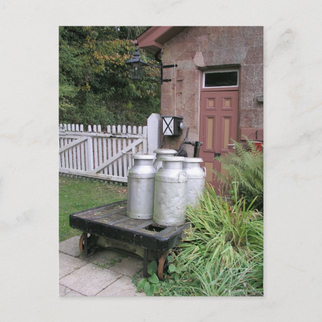 Milk churns at Stogumber Station, Somerset, UK Postcard (Front)