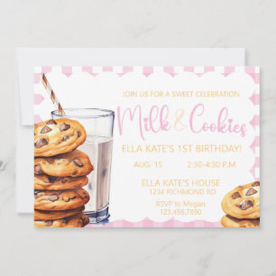 Milk & Cookies Birthday Pink Plaid Girl Birthday Invitation