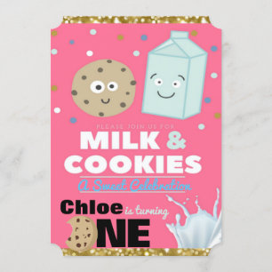 Milk & Cookies Pink & Gold Glitter   1st Birthday Invitation