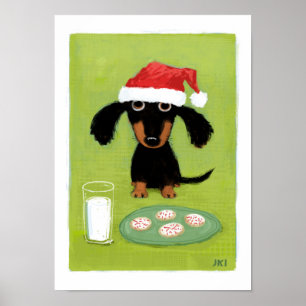 Milk & Cookies Wiener Dog Santa Christmas Holiday Poster