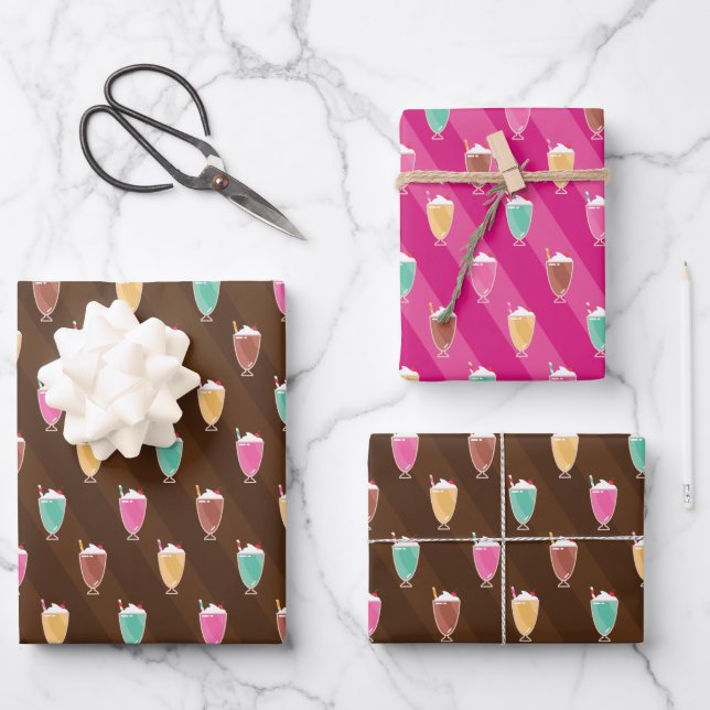 Milkshake Pattern Wrapping Paper in Brown and Pink (Front)