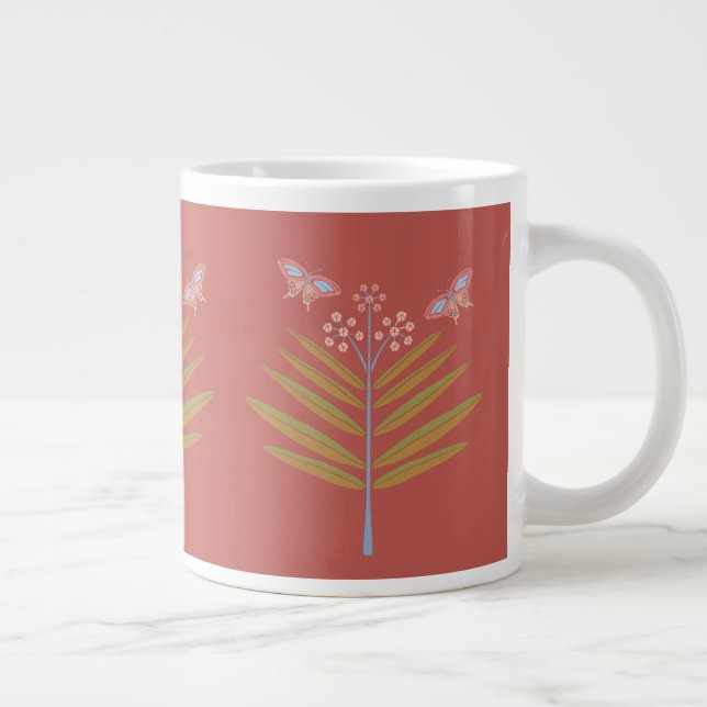 Milkweed & Butterflies 20os, Pink, Coral, Green Large Coffee Mug (Right)