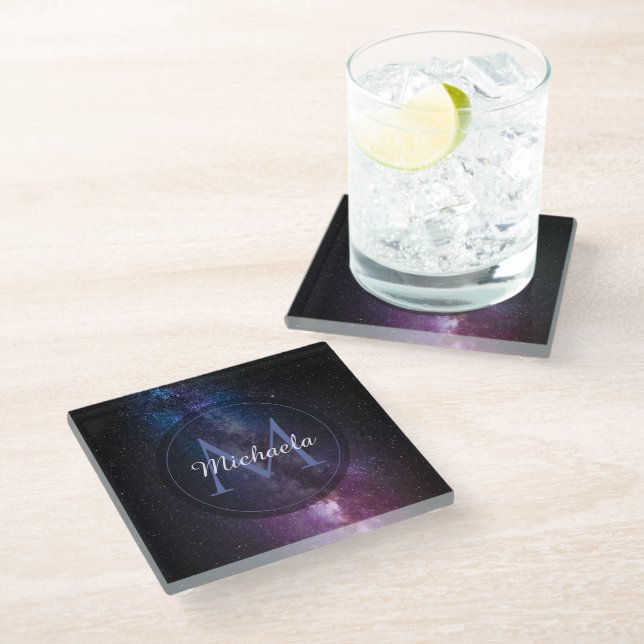Milky way bright colors personalizable monogram glass coaster (Angled)