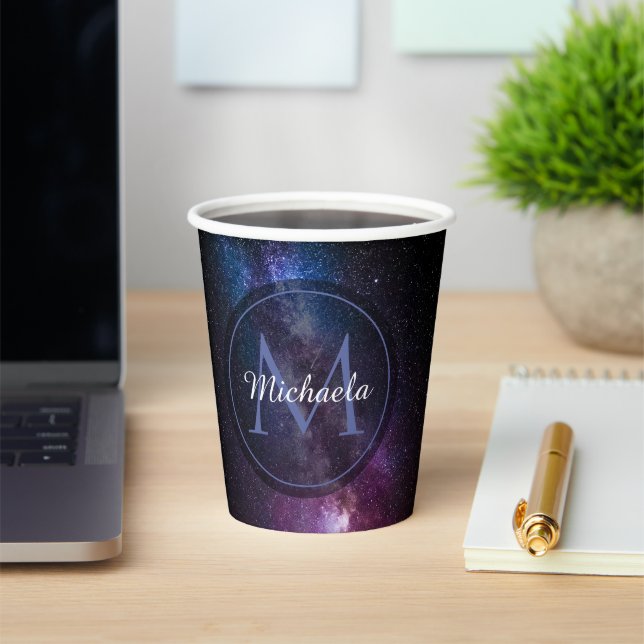 Milky way bright colours personalizable monogram paper cups (Insitu)