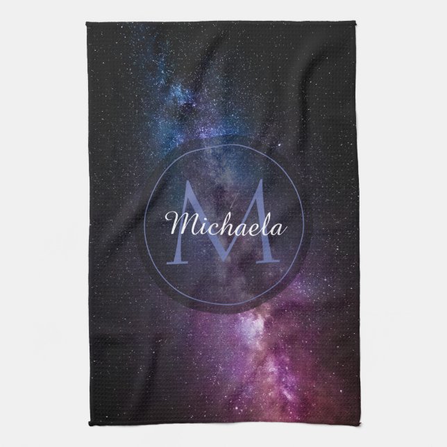 Milky way bright colours personalizable monogram tea towel (Vertical)