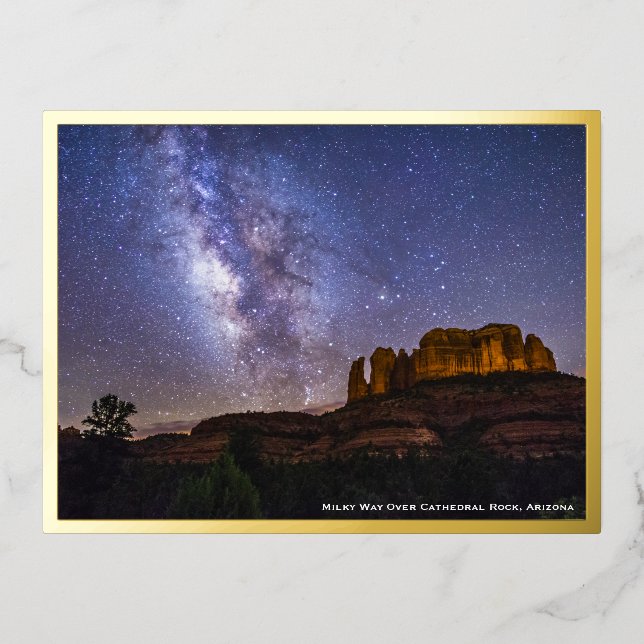 Milky Way Galaxy Over Cathedral Rock, Arizona Gold Foil Invitation Postcard (Front)