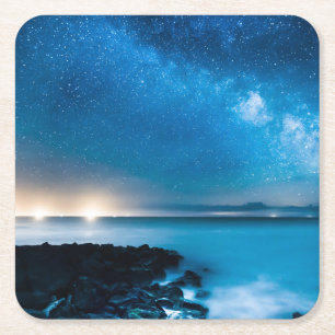 Milky Way Galaxy Over Fishing Boats Square Paper Coaster
