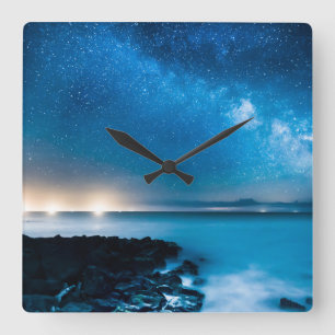 Milky Way Galaxy Over Fishing Boats Square Wall Clock