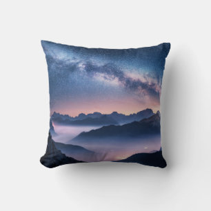 Milky Way over mountains in fog at night in summer Cushion