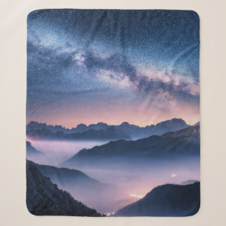 Milky Way over mountains in fog at night in summer Sherpa Blanket