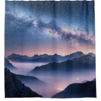 Milky Way over mountains in fog at night in summer Shower Curtain