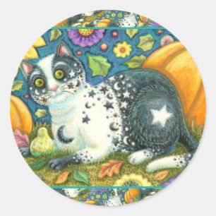 MILKYWAY, A MYSTICAL HALLOWEEN CAT, MOON & STARS CLASSIC ROUND STICKER