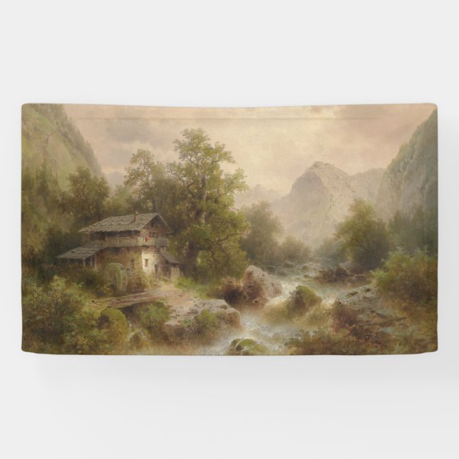 Mill on a Mountain Stream (by Albert Rieger) Banner (Horizontal)