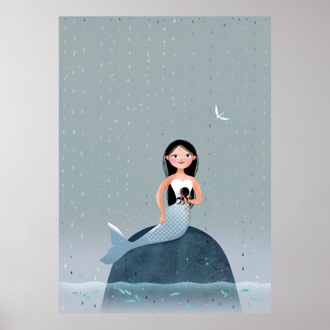 Milla Mermaid sitting in rain kid's illustration Poster (Front)