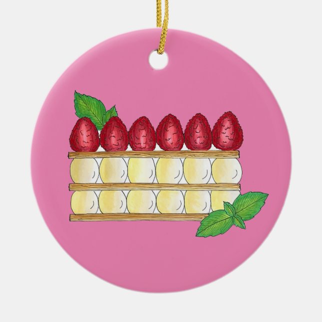 Mille Feuille French Food Puff Pastry Raspberries Ceramic Tree Decoration (Front)