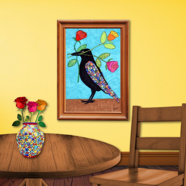 Millefiori Crow with Colourful Roses Folk Art Poster (Creator Uploaded)
