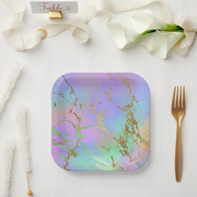 Millennial Marble | Playful Rainbow Pastel Ombre Paper Plate (Wedding)