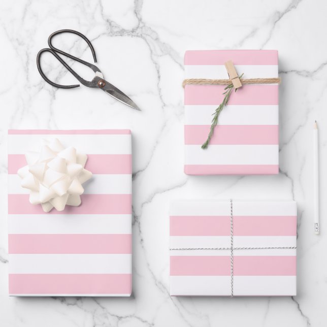 Millennial Pink and White Stripes Wrapping Paper Sheet (Front)