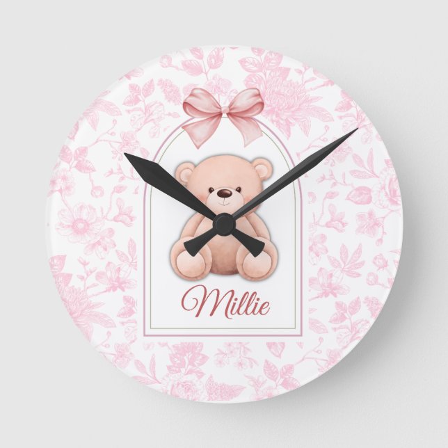 Millie | Custom Pink Teddy Bear Nursery Design  Round Clock (Front)