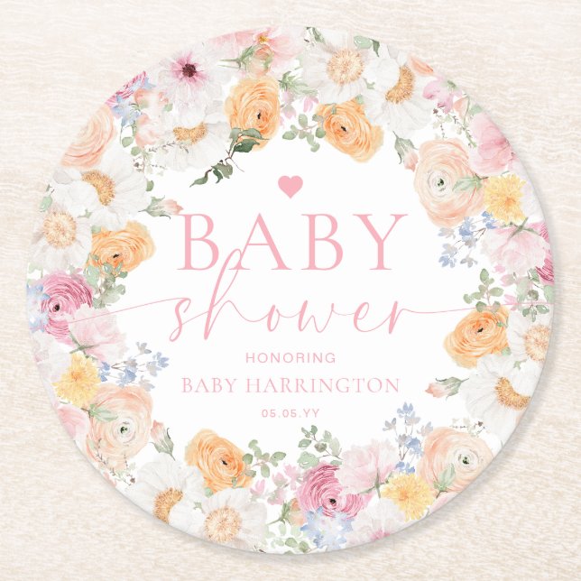 Millie Floral Baby Shower Round Paper Coaster (Front)