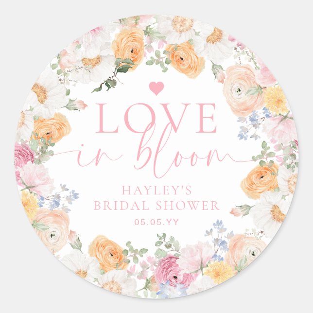 Millie Floral Love In Bloom Bridal Shower Classic Round Sticker (Front)