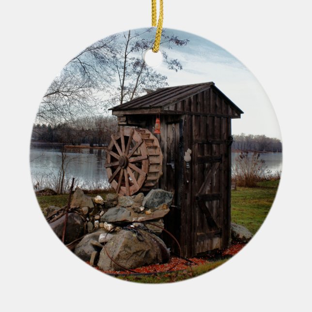 Milling about the old outhouse ceramic tree decoration (Front)