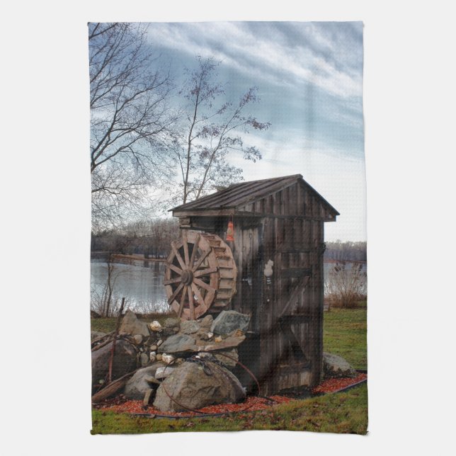 Milling about the old outhouse tea towel (Vertical)