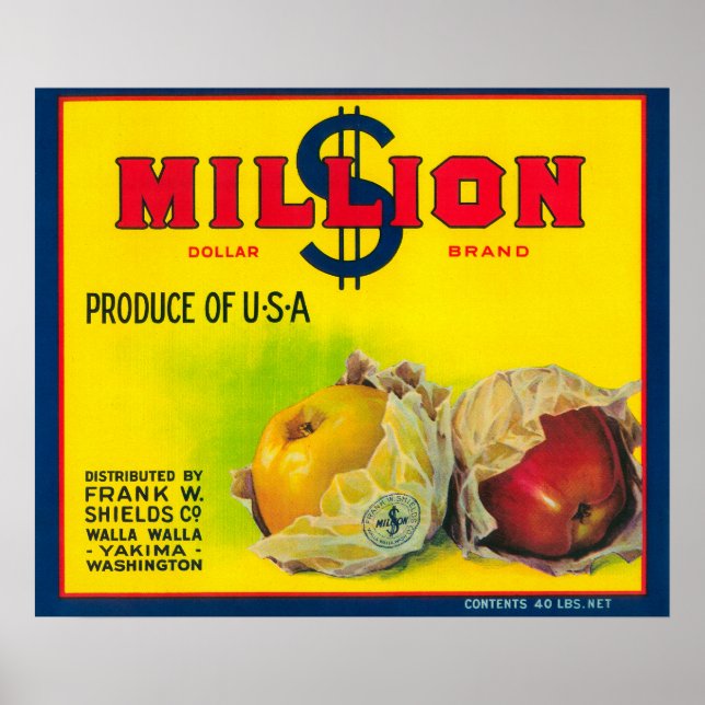 Million Dollar Apple Label - Walla Walla, WA Poster (Front)