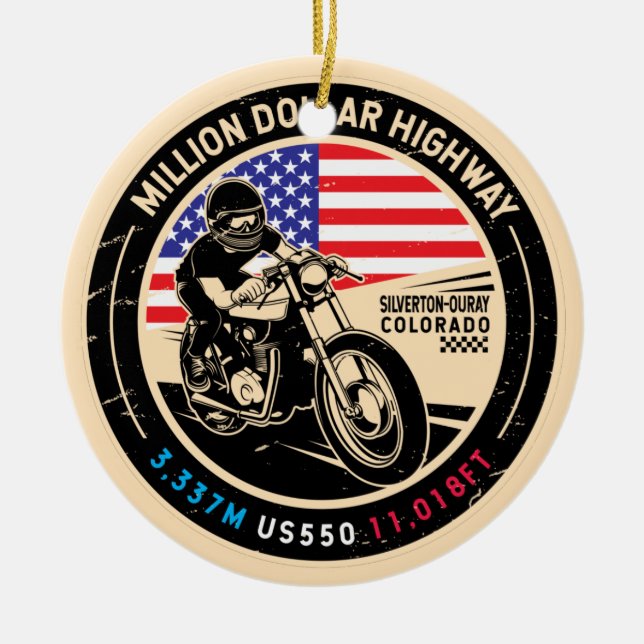 Million Dollar Highway Colorado Motorcycle Ceramic Tree Decoration (Front)