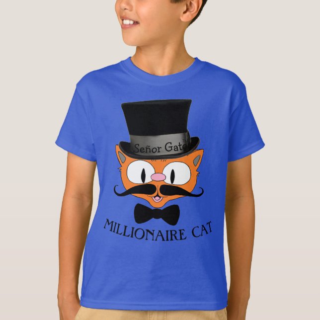 MILLIONAIRE CAT Cartoon Moustache Cat Boys Tee (Front)