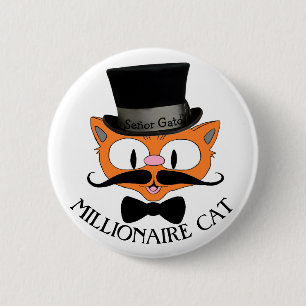 MILLIONAIRE CAT Cartoon Moustache Cat with Top Hat 6 Cm Round Badge
