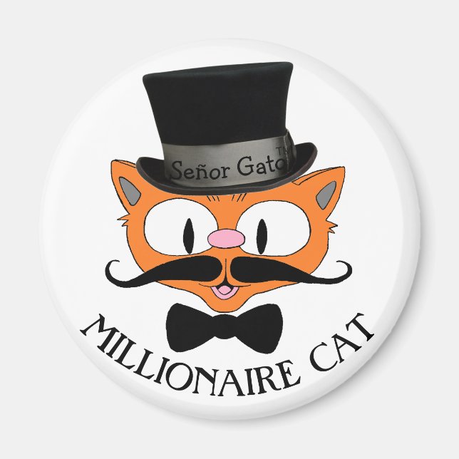 MILLIONAIRE CAT Moustache Cat with Top Hat Magnet (Front)