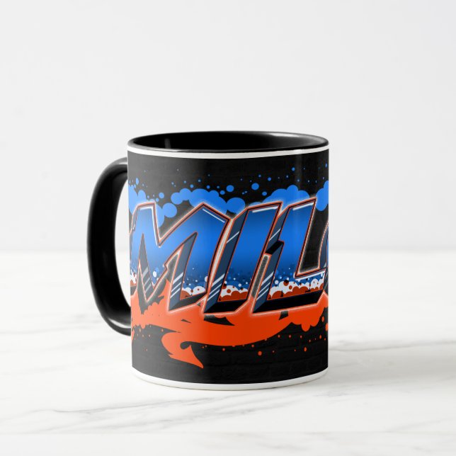 Milos First Name Graffiti blue orange cup (Front Left)