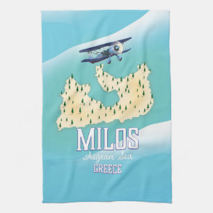Milos,Greek island Map travel poster art. Tea Towel