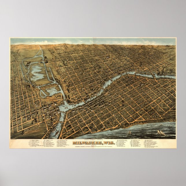 Milwaukee birdseye map  - 1872 (Bailey) BigMapBlog Poster (Front)
