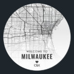 Milwaukee, Minnesota City Map | Wedding Welcome Classic Round Sticker<br><div class="desc">A welcome wedding sticker featuring the city of Milwaukee,  Minnesota,  and its unique overhead map layout tailored to the Austin,  Texas Love Locator wedding invitation set.</div>
