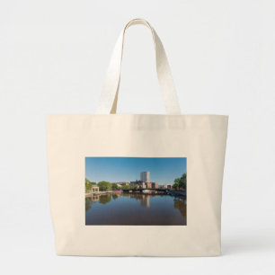 milwaukee riverfront and state street bridge large tote bag