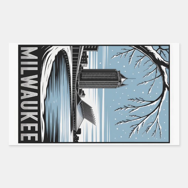 Milwaukee Skyline Black and White Woodcut Winter Rectangular Sticker (Front)