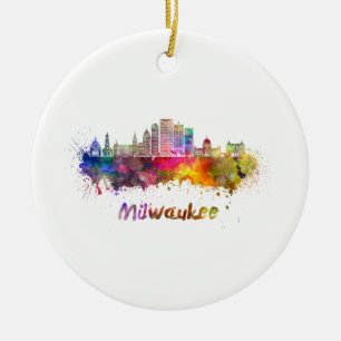 Milwaukee V2  skyline in watercolor Ceramic Tree Decoration