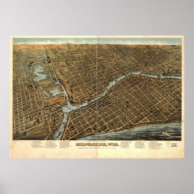 Milwaukee WI 1872 Antique Panoramic Map Poster (Front)