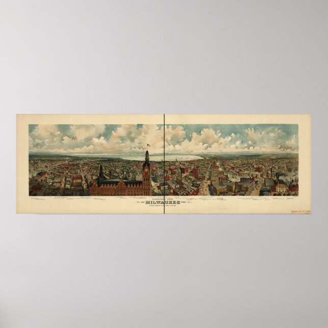 Milwaukee WI 1898 Antique Panoramic Map Poster (Front)