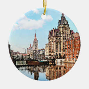 Milwaukee WI - River from Sycamore St, Milwaukee Ceramic Tree Decoration