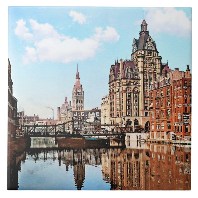 Milwaukee WI - River from Sycamore St, Milwaukee Tile (Front)